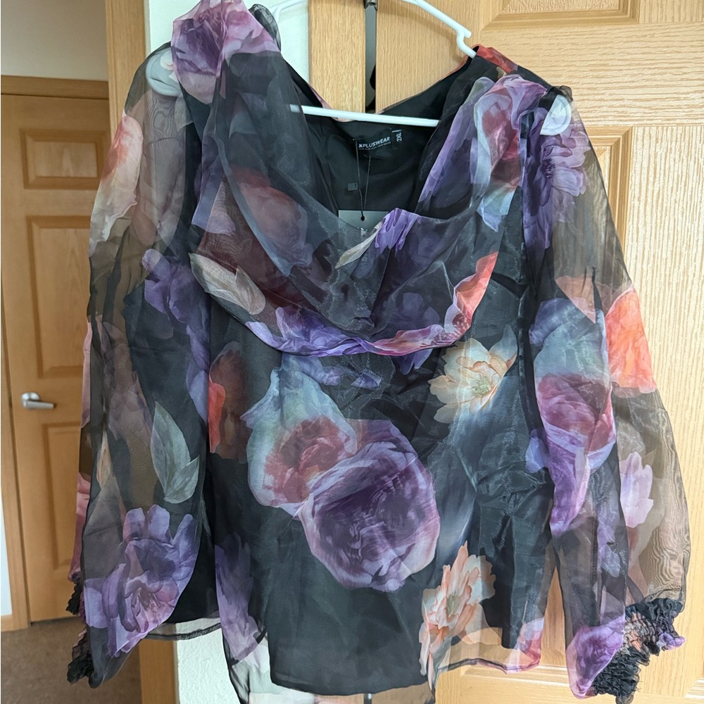 INC International Concepts Sheer Floral Blouse - Black and Purple